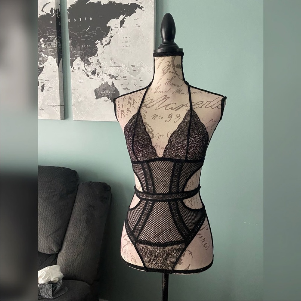 Victoria’s Secret fishnet mesh Black lace mesh bodysuit S Teddy sheer